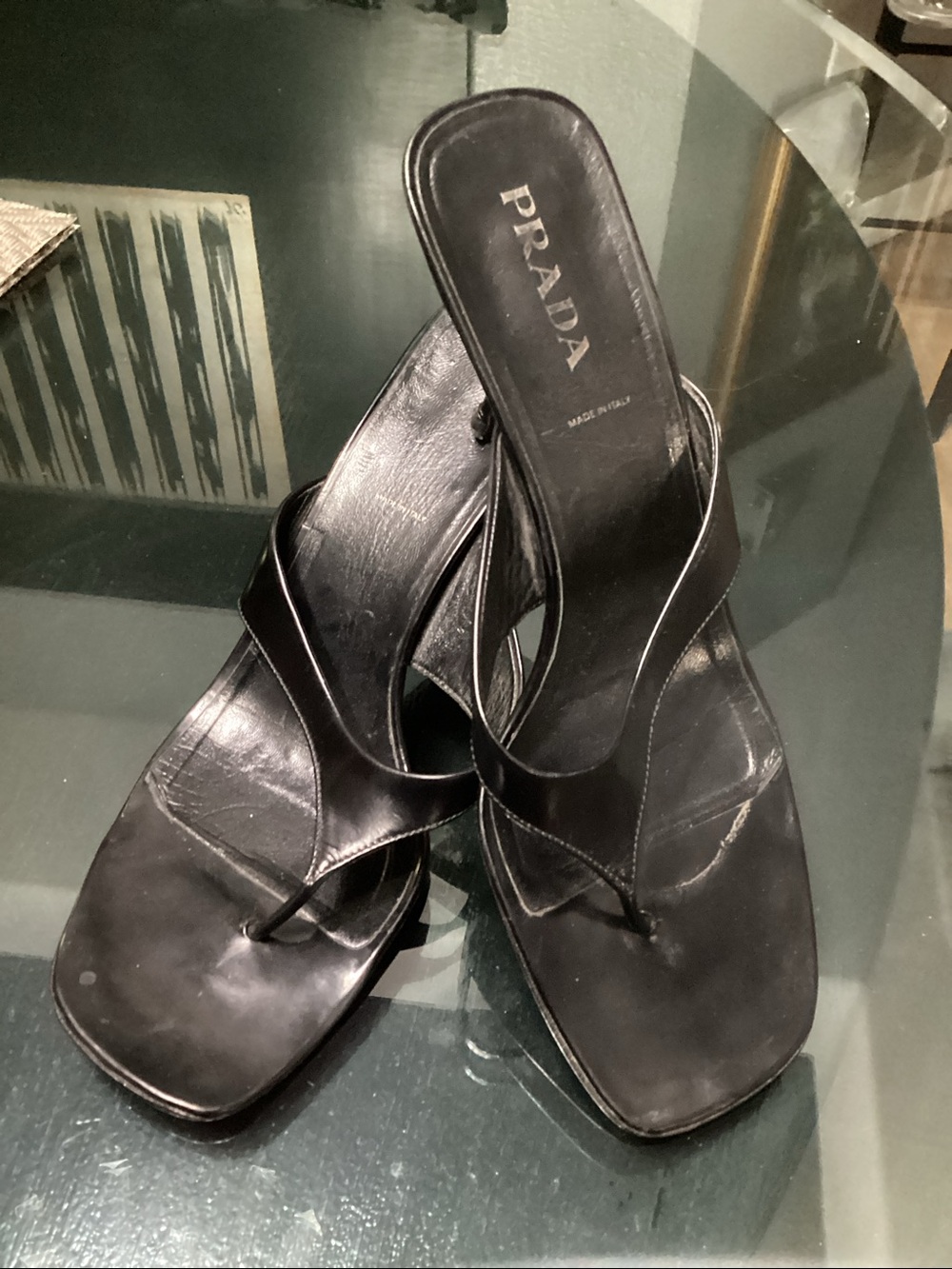 Prada Black Leather Square-Toe Thong Heel Sandals - size 38 1/2 - US 8 - Picture 6 of 6
